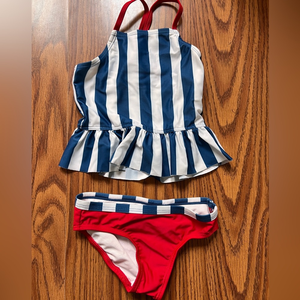 Striped Blue and White Swimsuit with Red Bottoms